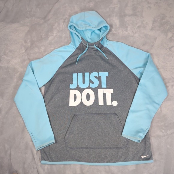 Nike Thermal Hoodie Women Large Gray Blue Pocket Just Do It Spell Out Sweatshirt - Picture 1 of 13